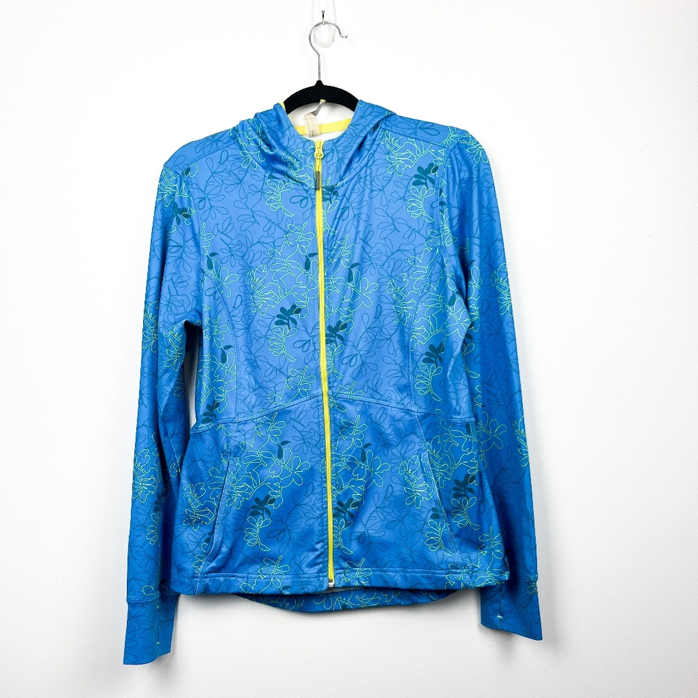 Mondetta Long Sleeve Zip-Up Hooded Athletic Jacket, Yellow & Blue with Flowers